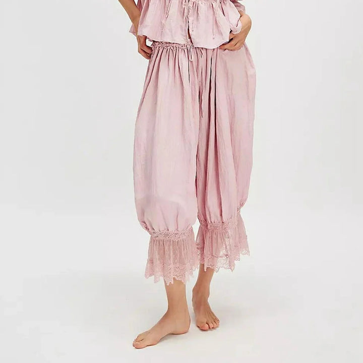 Lantern Pants with Ruffled Lace Cuffs and High-Rise Stretch Waistband in Cotton Blend