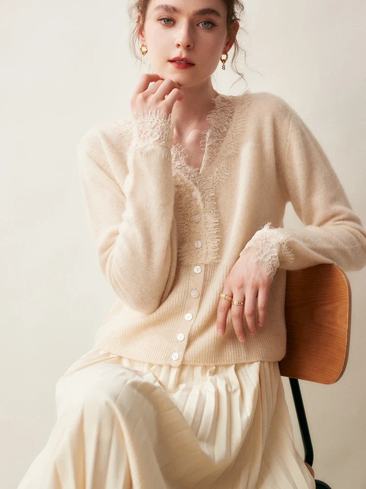 Cashmere Cardigan with Lace-Trim Detail and Relaxed Knit Fit in Khaki