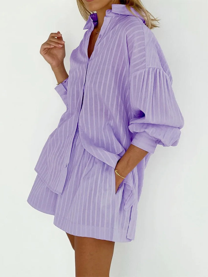 Button-Down Shirt and Shorts Set with Relaxed Oversized Fit in Lightweight Cotton-Blend Fabric