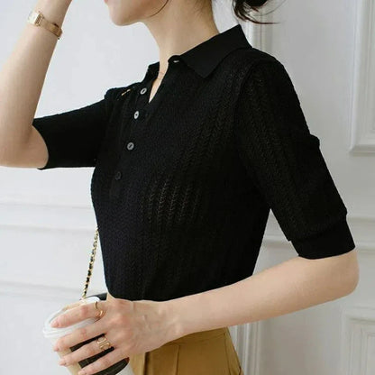 Ribbed Knit Polo Blouse with Button Collar and Breathable Stretch Fabric in Yellow