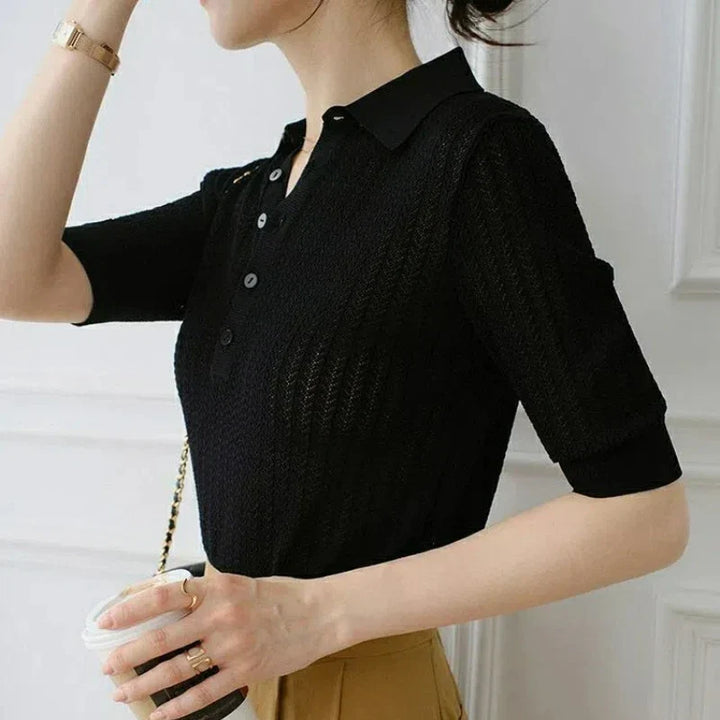 Ribbed Knit Polo Blouse with Button Collar and Breathable Stretch Fabric in Yellow