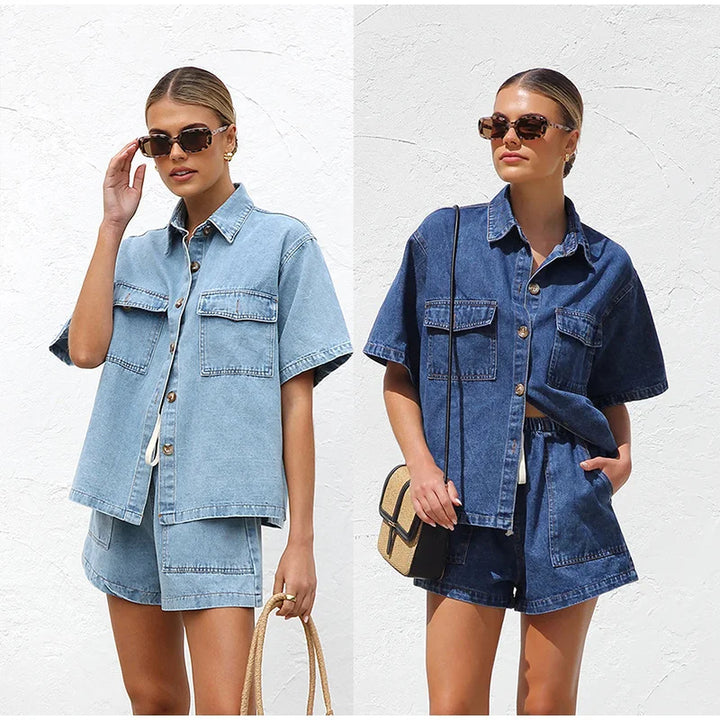 Button-Down Shirt and Drawstring Shorts 2-Piece Denim Set in Organic Cotton Blend with Elastic Waist