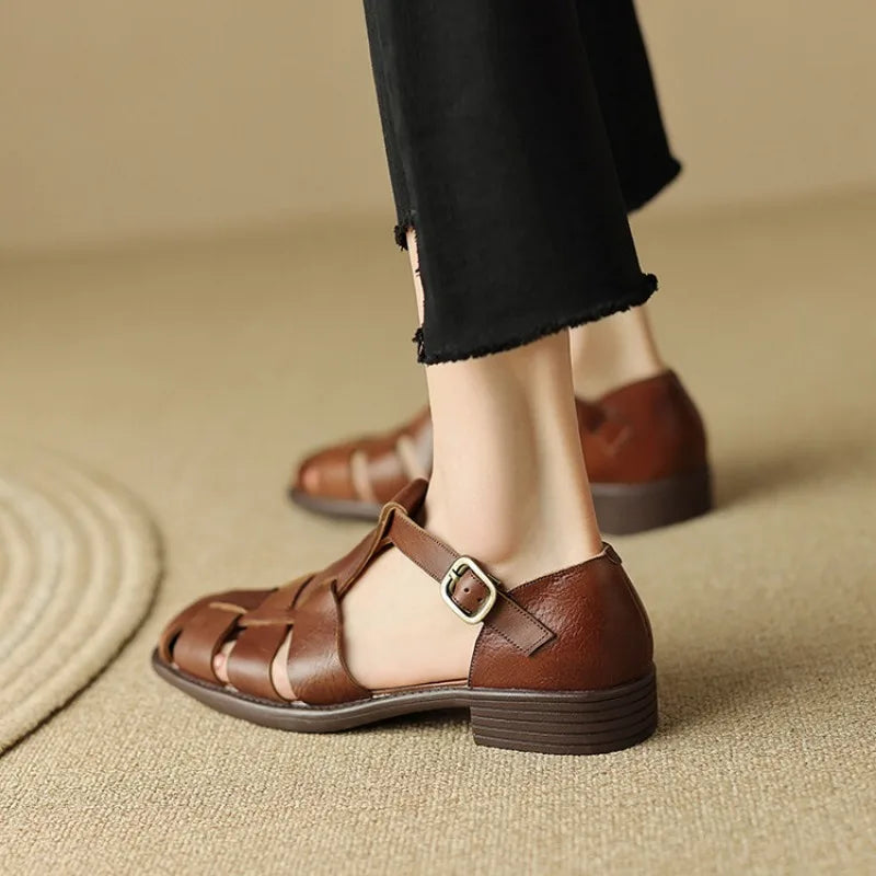 Handwoven Leather Sandals with Adjustable T-Strap Buckle and Low Stacked Heel