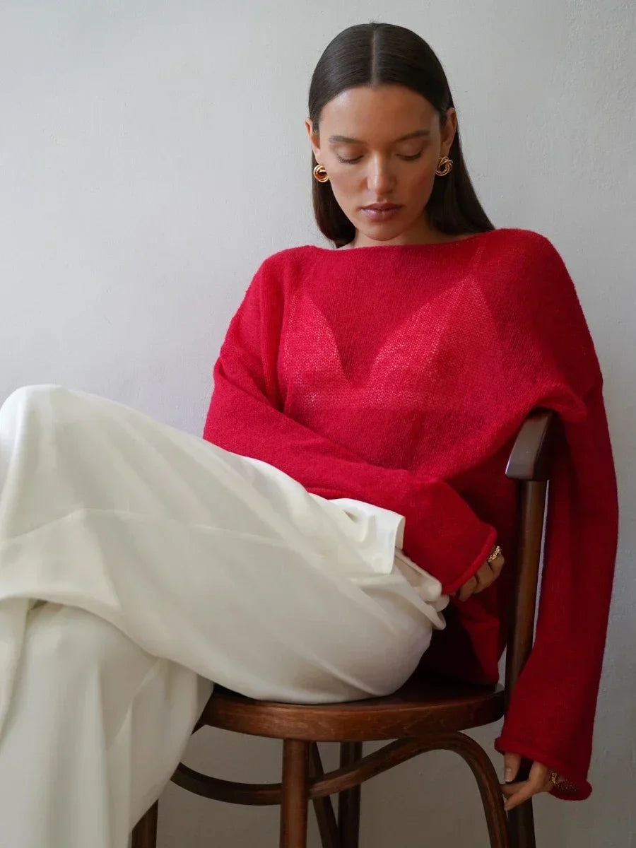Boatneck Sweater in Merino Wool Blend with Relaxed Fit and Long Sleeves
