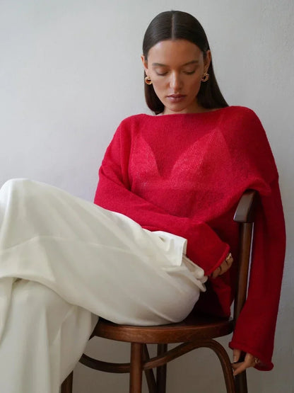 Boatneck Sweater in Merino Wool Blend with Relaxed Fit and Long Sleeves