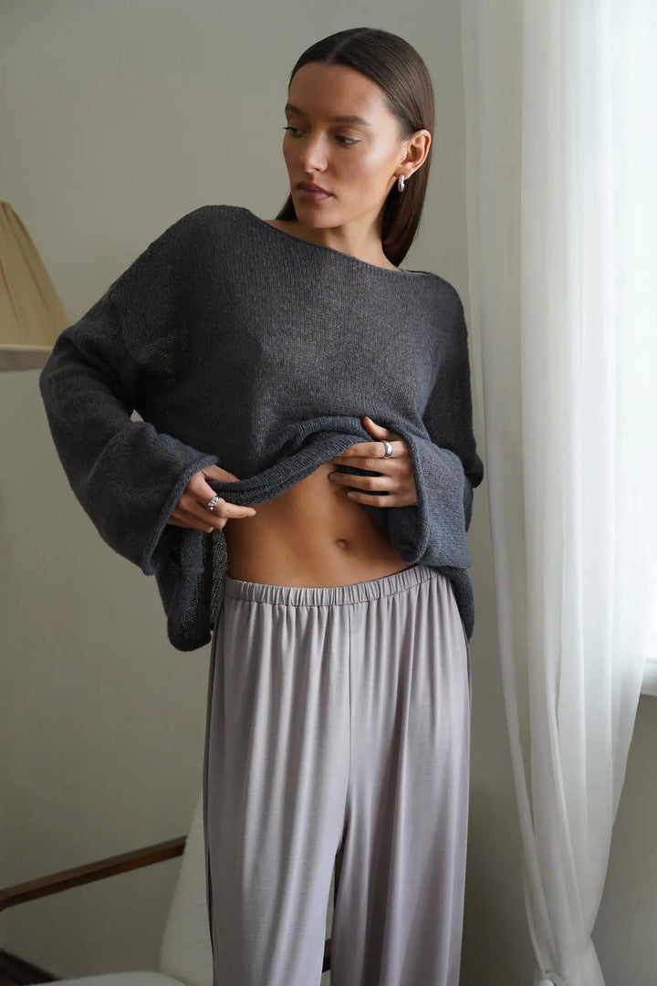Boatneck Sweater in Merino Wool Blend with Relaxed Fit and Long Sleeves