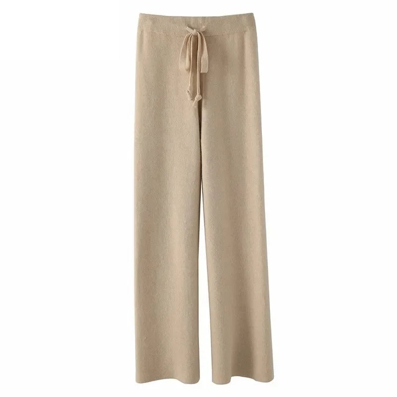 Sweatpants in Cashmere Wool Blend with Adjustable High-Rise Elastic Waist, Khaki