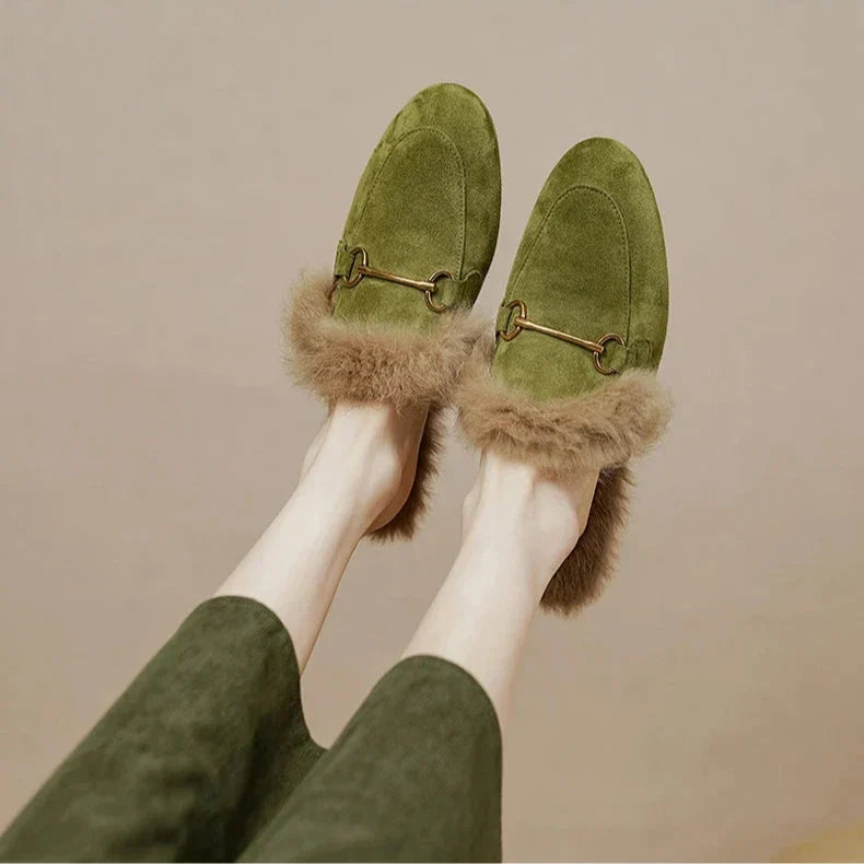 Fur-Lined Suede Mule Slippers with Premium Lamb and Rabbit Fur Lining and Gold-Tone Hardware