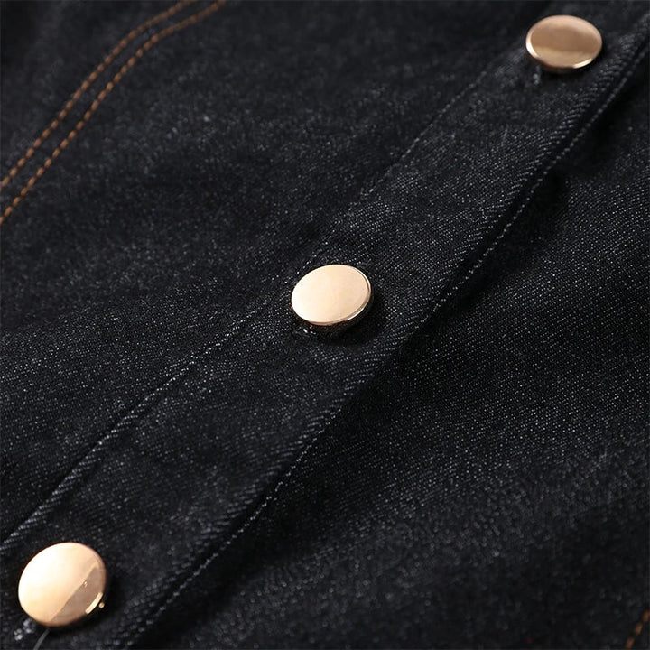 Denim Two-Piece Set with Tailored Button Jacket, Wide-Leg Pants, and Gold Hardware