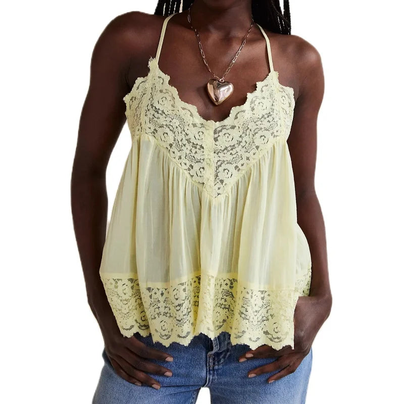 Lace-Trim Cami Top with Sheer Flowy Cotton and Adjustable Spaghetti Straps