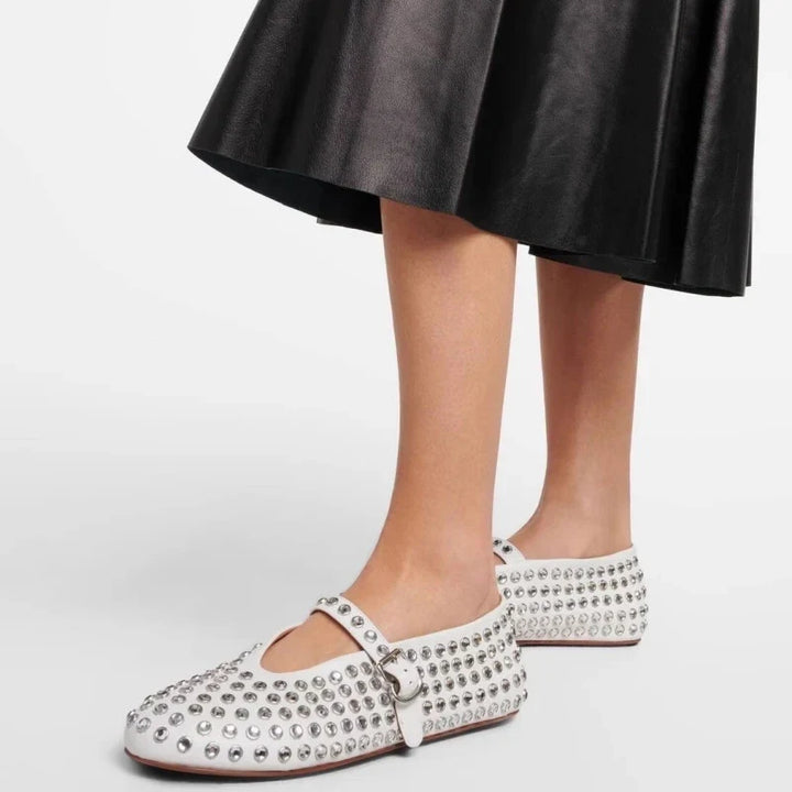 Mary Jane Flats with Crystal-Studded Leather Upper and Adjustable Ankle Strap