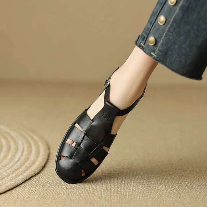 Handwoven Leather Sandals with Adjustable T-Strap Buckle and Low Stacked Heel