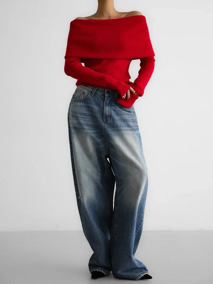 Off-Shoulder Sweater Top with Hand-Knitted Texture and Slim, Body-Skimming Fit