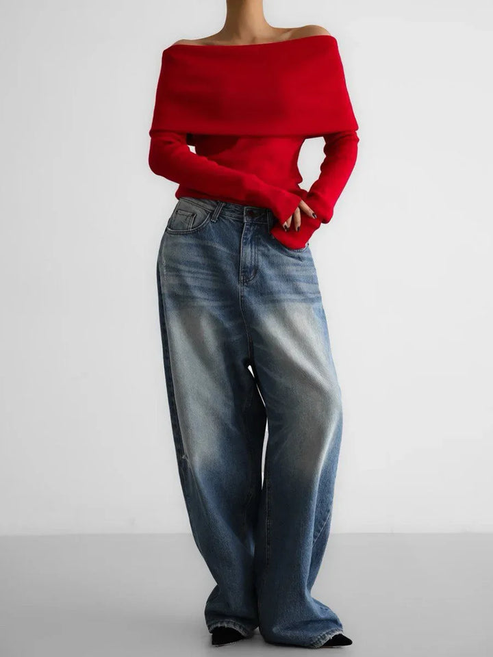 Off-Shoulder Sweater Top with Hand-Knitted Texture and Slim, Body-Skimming Fit