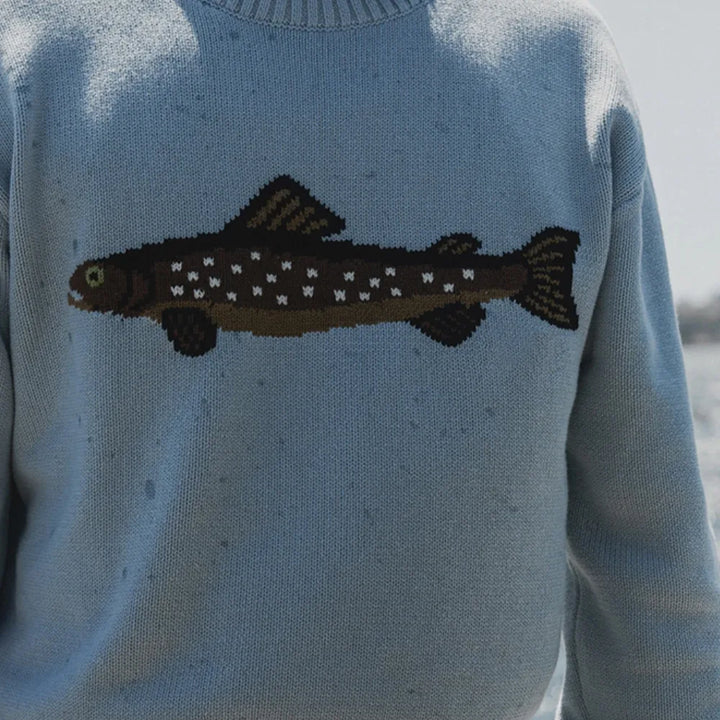 Half-Zip Wool-Blend Sweater with Intarsia Fish Motif, Ribbed Cuffs, and Relaxed Oversized Fit