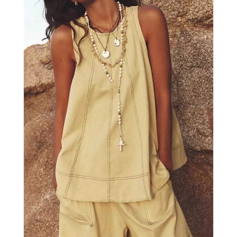 Two-Piece Cotton Set, Cropped Tank Top and Elastic-Waist Shorts with Raw Seam Detailing in Sunwashed Yellow