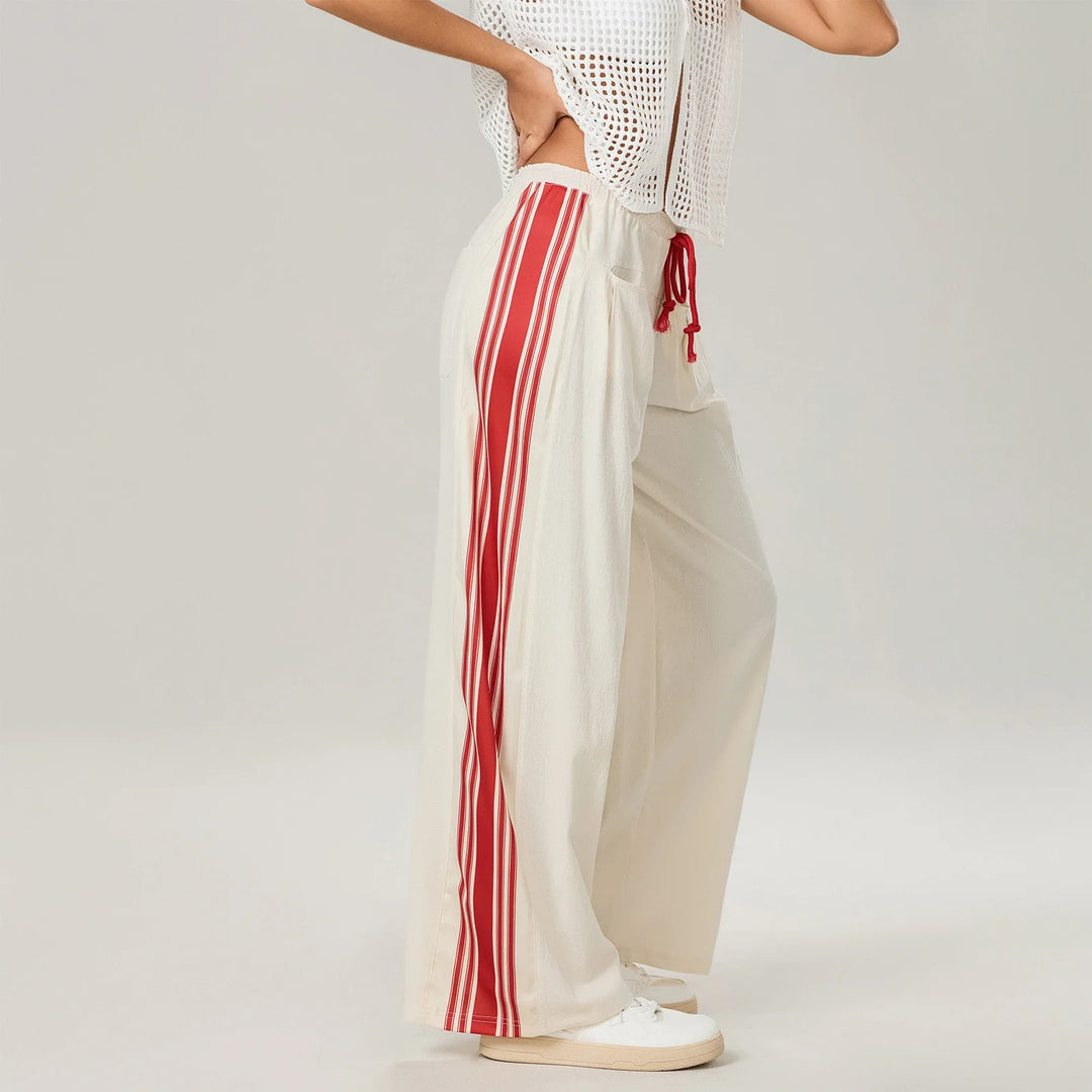 Track Trousers with High-Waist Fit, Elastic Waistband, and Bold Stripe Print in Soft Cotton-Blend