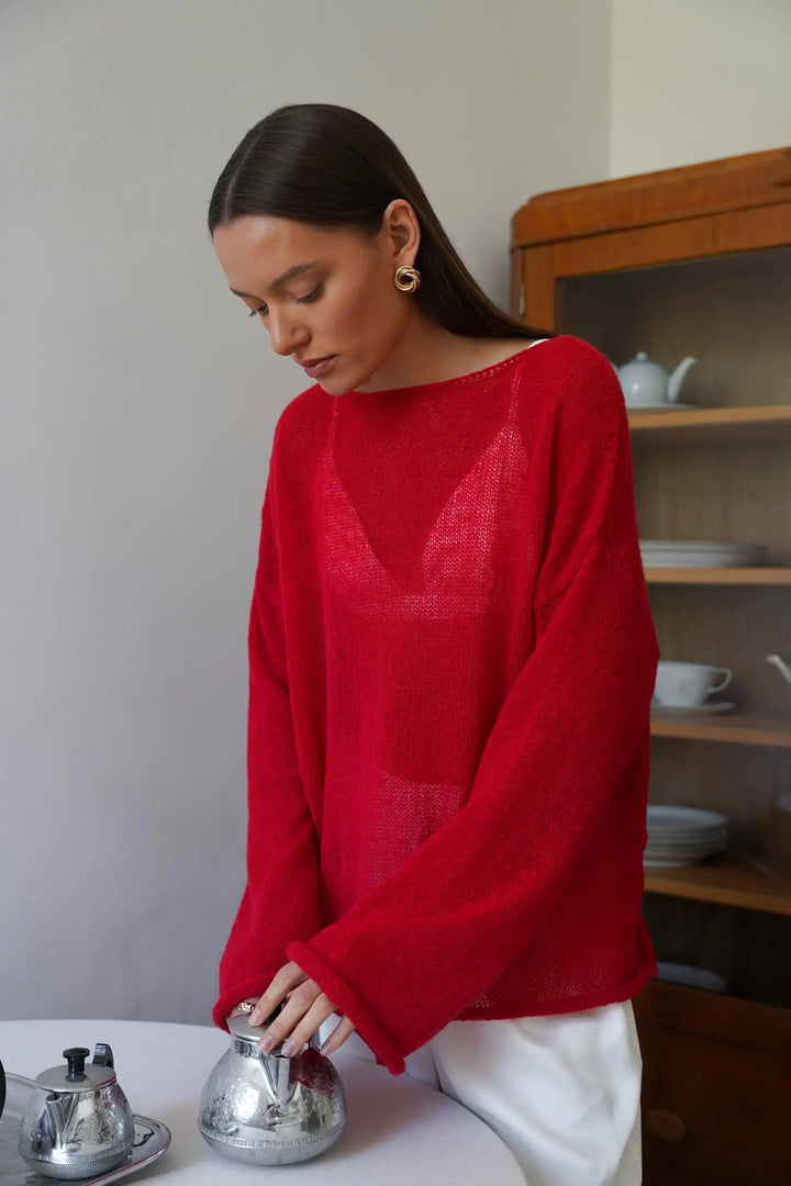 Boatneck Sweater in Merino Wool Blend with Relaxed Fit and Long Sleeves