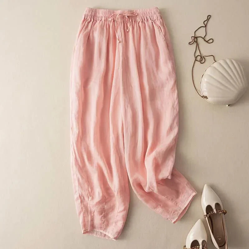 Linen Pants with Elastic Drawstring Waist and Billowed Leg Silhouette in Khaki Cotton-Linen Blend
