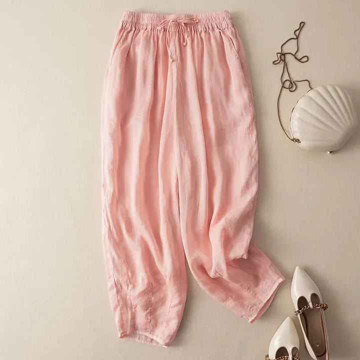 Linen Pants with Elastic Drawstring Waist and Billowed Leg Silhouette in Khaki Cotton-Linen Blend