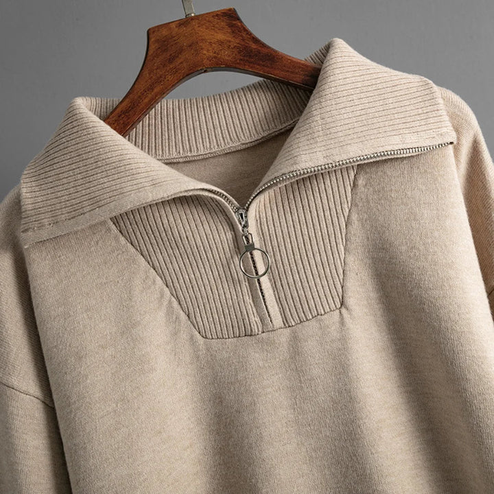 Half-Zip Knit Two-Piece Lounge Set with Elastic-Waist Pants and Soft Ribbed Texture in Peach