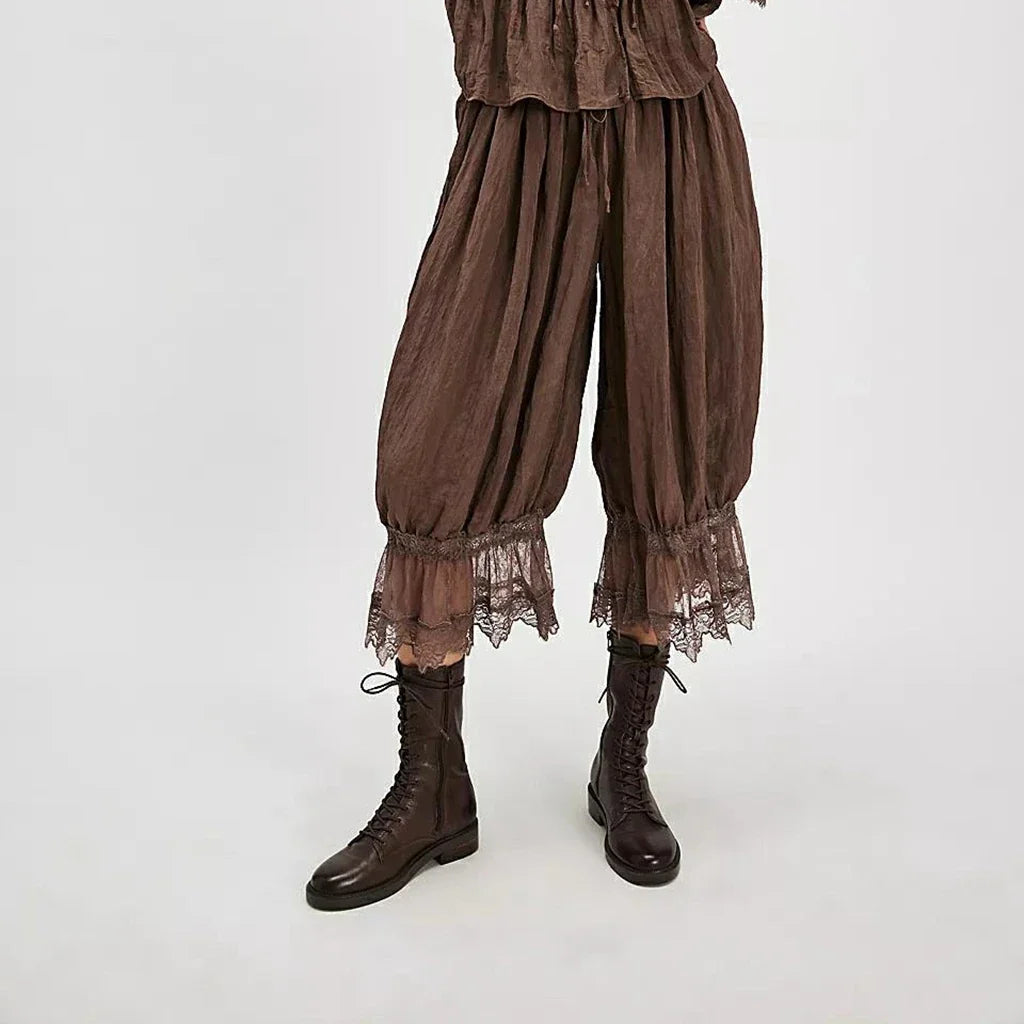 Lantern Pants with Ruffled Lace Cuffs and High-Rise Stretch Waistband in Cotton Blend
