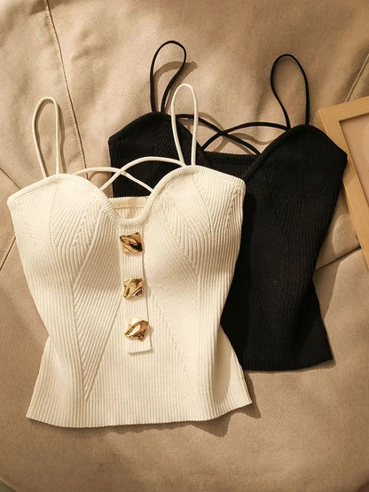 Corset Camisole Top with Ribbed Knit and Gold Statement Buttons in 100% Cotton