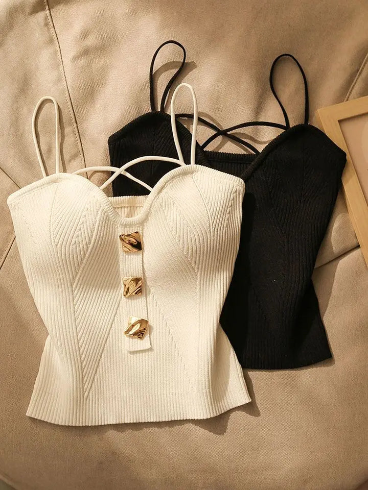 Corset Camisole Top with Ribbed Knit and Gold Statement Buttons in 100% Cotton