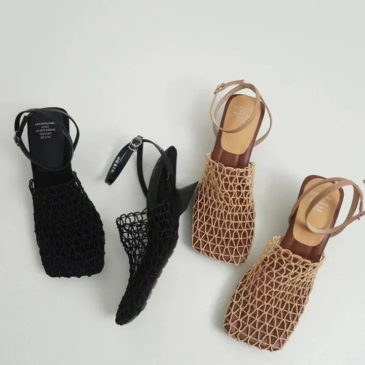 Braided Mesh Heeled Sandals with Square Toe and Ankle Strap, Women's Fallon