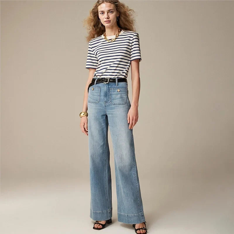 Wide-Leg Jeans with Front Button Pockets, High-Waisted Cypress Cotton Denim