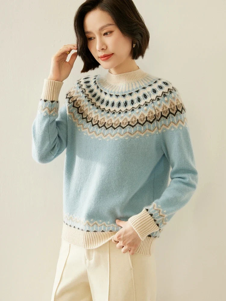Fair Isle Jacquard Mock Neck Sweater in Cashmere-Soft Knit, Camel Colorway