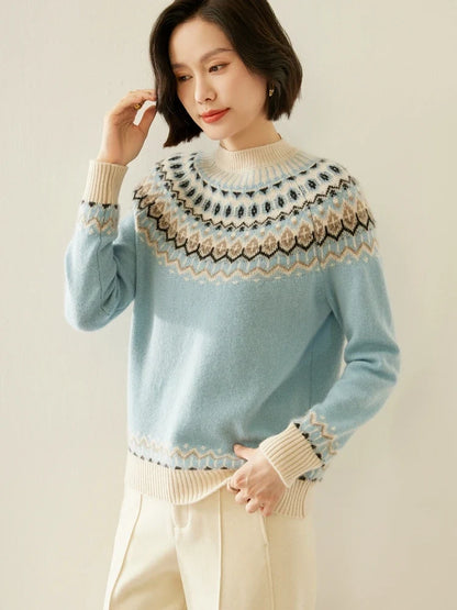 Fair Isle Jacquard Mock Neck Sweater in Soft 100% Cashmere, Camel Colorway
