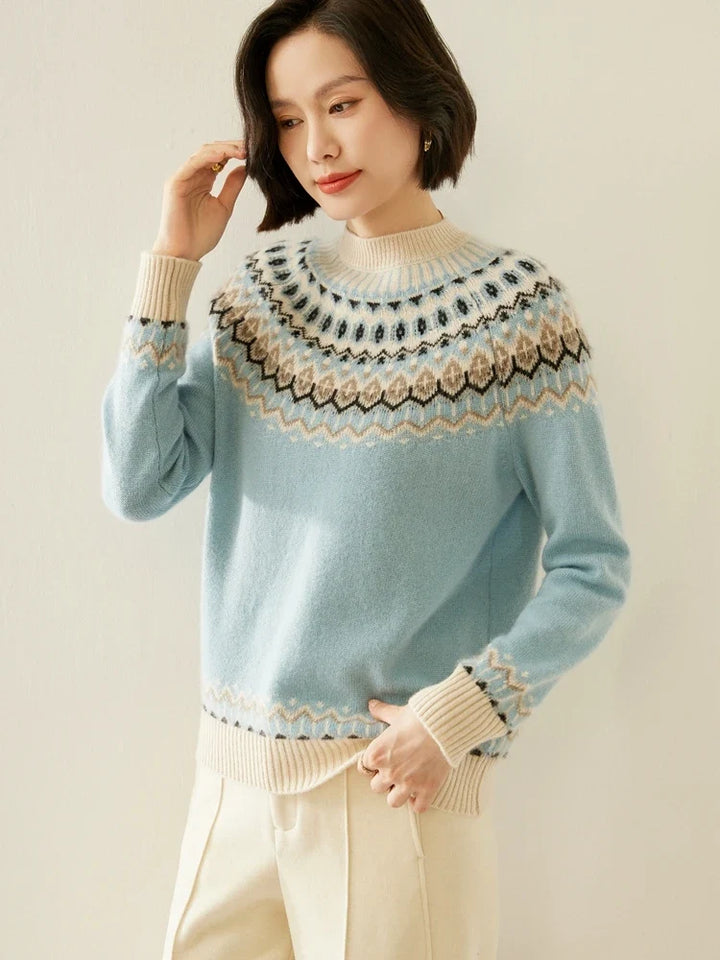 Fair Isle Jacquard Mock Neck Sweater in Cashmere-Soft Knit, Camel Colorway