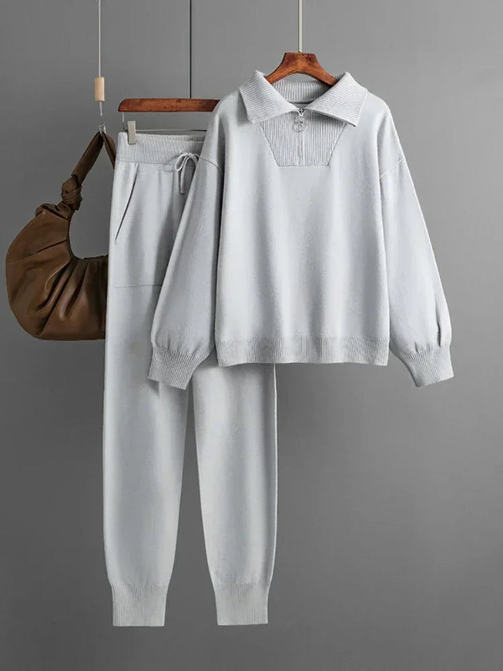 Half-Zip Knit Two-Piece Lounge Set with Elastic-Waist Pants and Soft Ribbed Texture in Peach