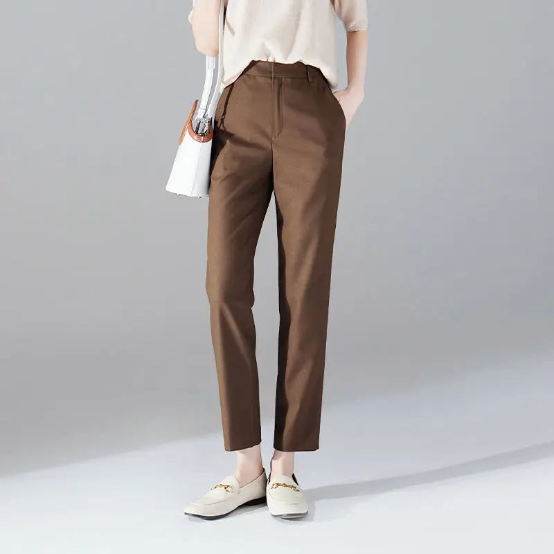 High-Waist Trousers with Elastic Waistband, Ankle-Length Slim Tailored Fit in Gray