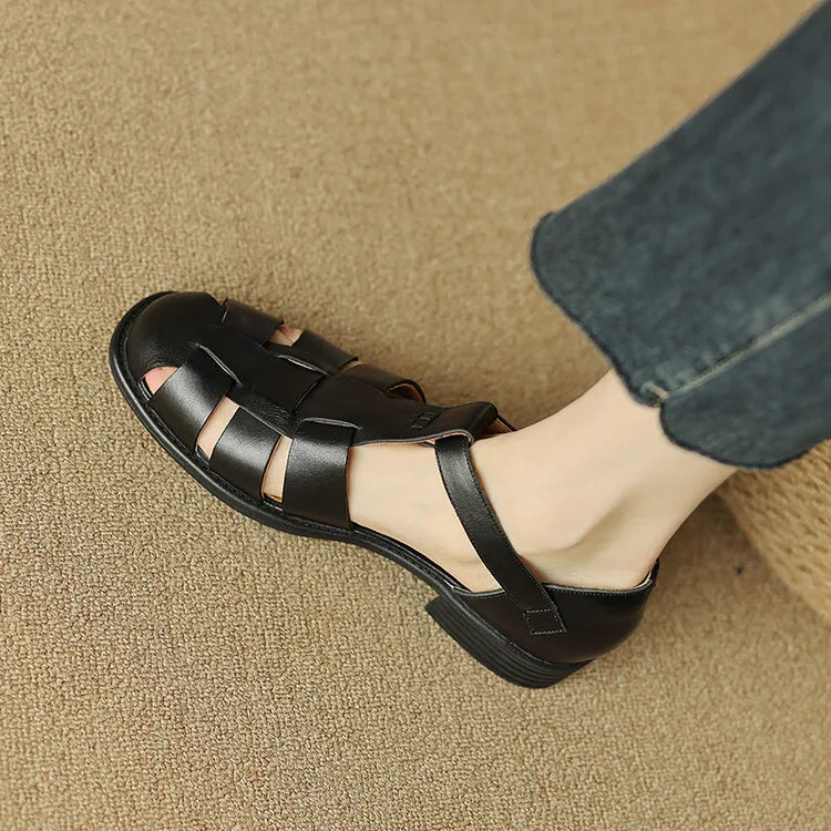 Handwoven Leather Sandals with Adjustable T-Strap Buckle and Low Stacked Heel