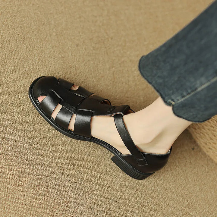 Handwoven Leather Sandals with Adjustable T-Strap Buckle and Low Stacked Heel