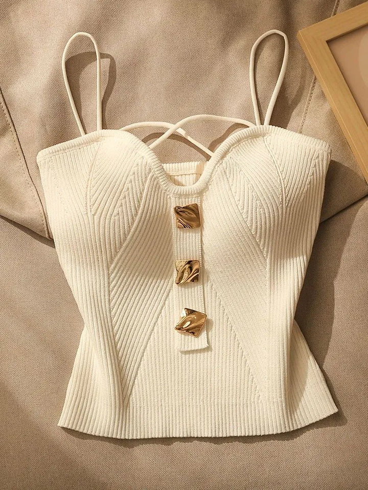 Corset Camisole Top with Ribbed Knit and Gold Statement Buttons in 100% Cotton