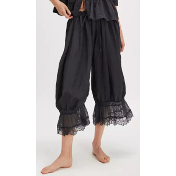 Lantern Pants with Ruffled Lace Cuffs and High-Rise Stretch Waistband in Cotton Blend
