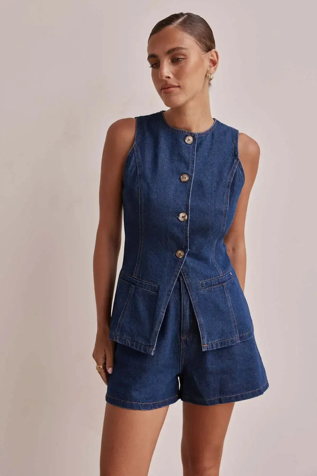 Denim Vest and Wide-Leg Shorts Set with Tortoise Buttons and High-Rise Cinched Waist
