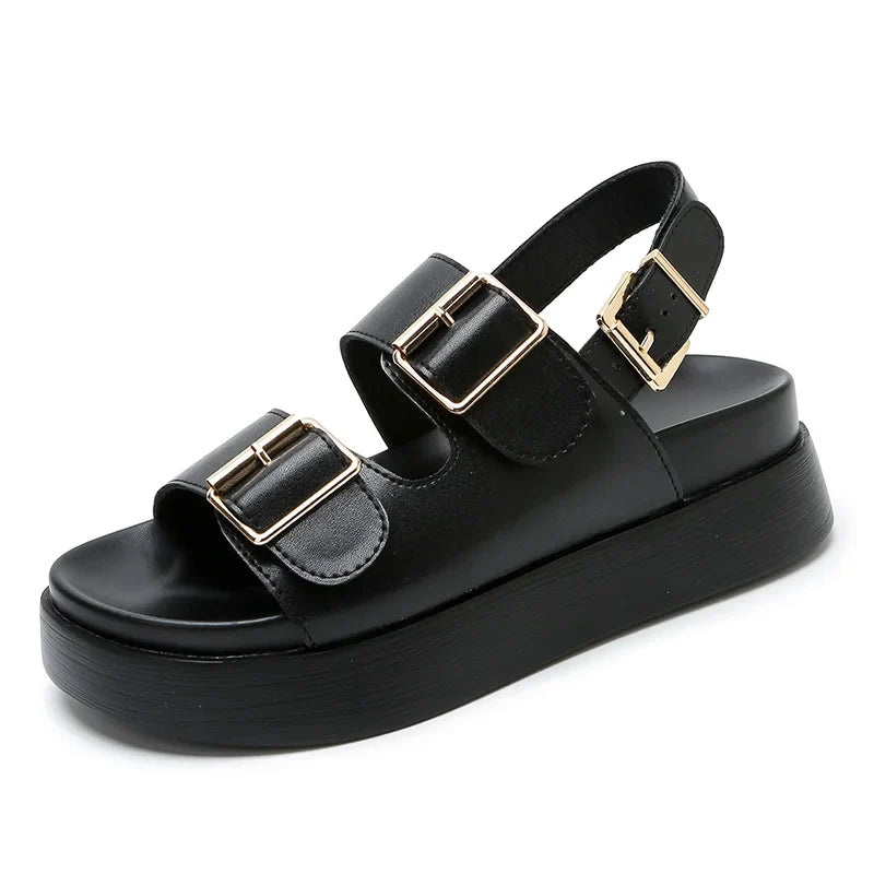 Platform Sandal in Ivory Vegan Leather with Double Buckle Straps and Built-In Supportive Insole