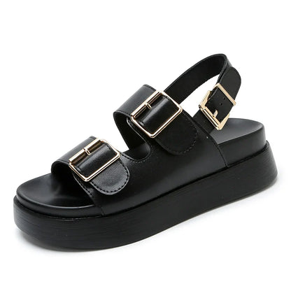 Platform Sandal in Ivory Vegan Leather with Double Buckle Straps and Built-In Orthopedic Insole