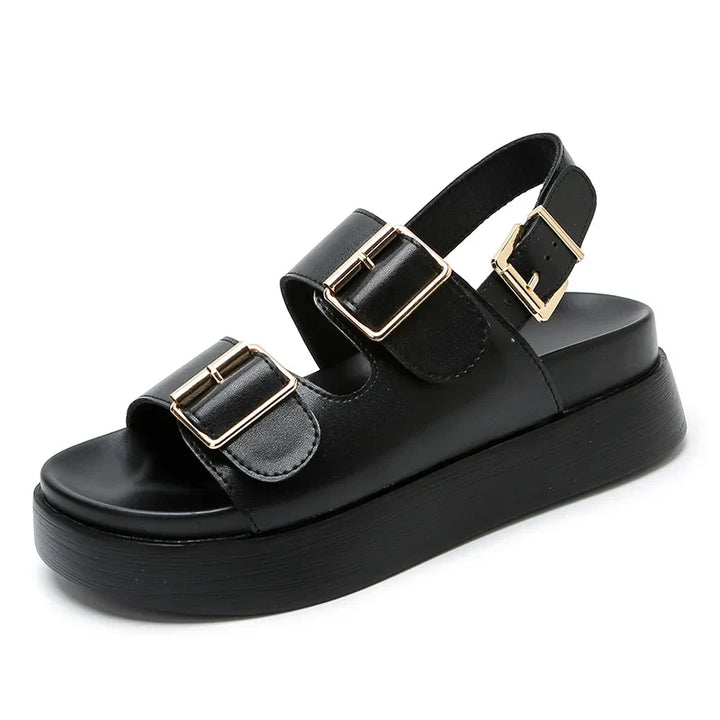 Platform Sandal in Ivory Vegan Leather with Double Buckle Straps and Built-In Supportive Insole