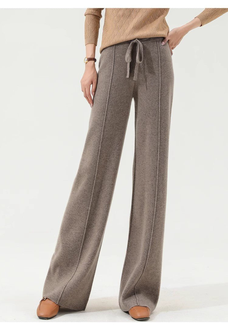 Wide-Leg Merino Wool Trousers with High-Waist Elastic Drawstring Waistband