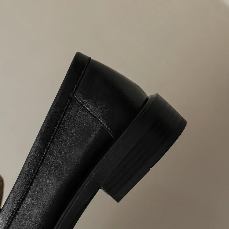 Round Toe Leather Loafers with Cushioned Support and Stacked Heel in Olive