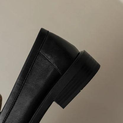 Round Toe Leather Loafers with Cushioned Support and Stacked Heel in Olive