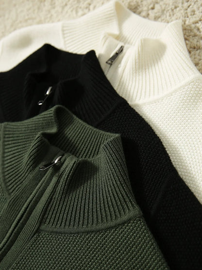Merino Wool Zip Cardigan with Standing Collar, Double-Zip Closure and Ribbed Knit Texture