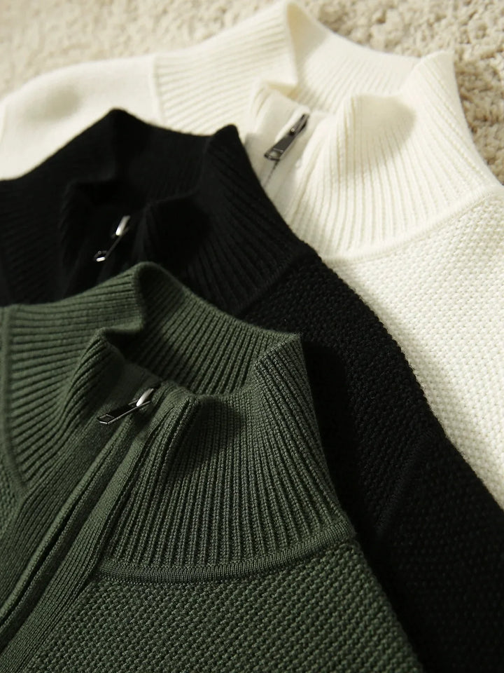 Merino Wool Zip Cardigan with Standing Collar, Double-Zip Closure and Ribbed Knit Texture