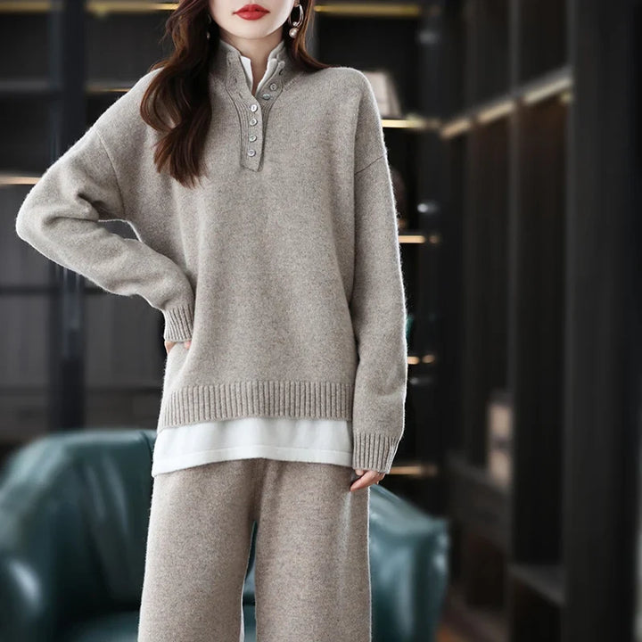 Cashmere Knit Set with Relaxed Pullover and Wide-Leg Trousers, Soft Green Two-Piece Loungewear