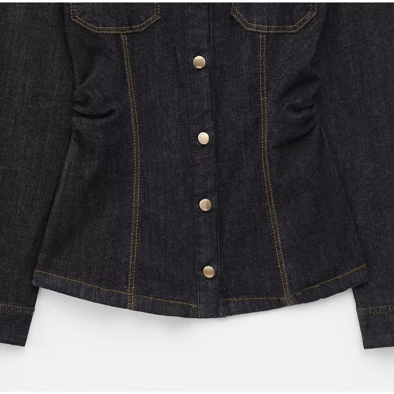 Denim Two-Piece Set with Tailored Button Jacket, Wide-Leg Pants, and Gold Hardware